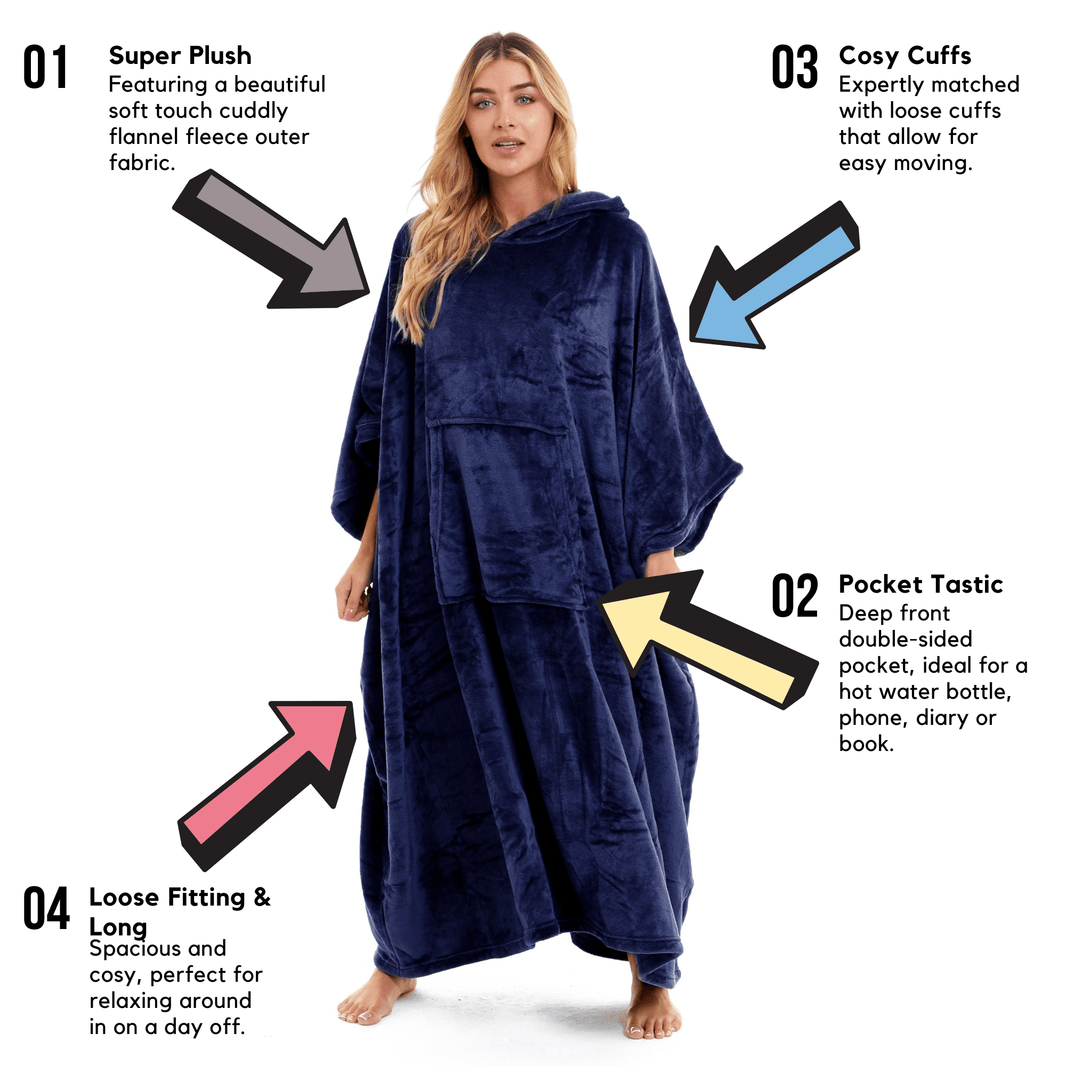 Women's Oversized Hooded Poncho Blanket Ultra-Soft Plush Fleece Giant Hoodie Sweatshirt Navy and Charcoal Lounge Wear with Double Front Pocket for Indoor and Outdoor Use by Daisy Dreamer Hooded Blanket