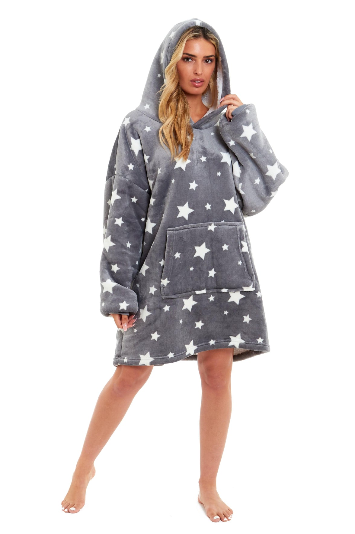 Oversized Hooded Blanket Ultra Soft Reversible Sherpa and Plush Fleece Grey Stars Giant Hoodie Sweatshirt for Adults and Kids by Daisy Dreamer Hooded Blanket