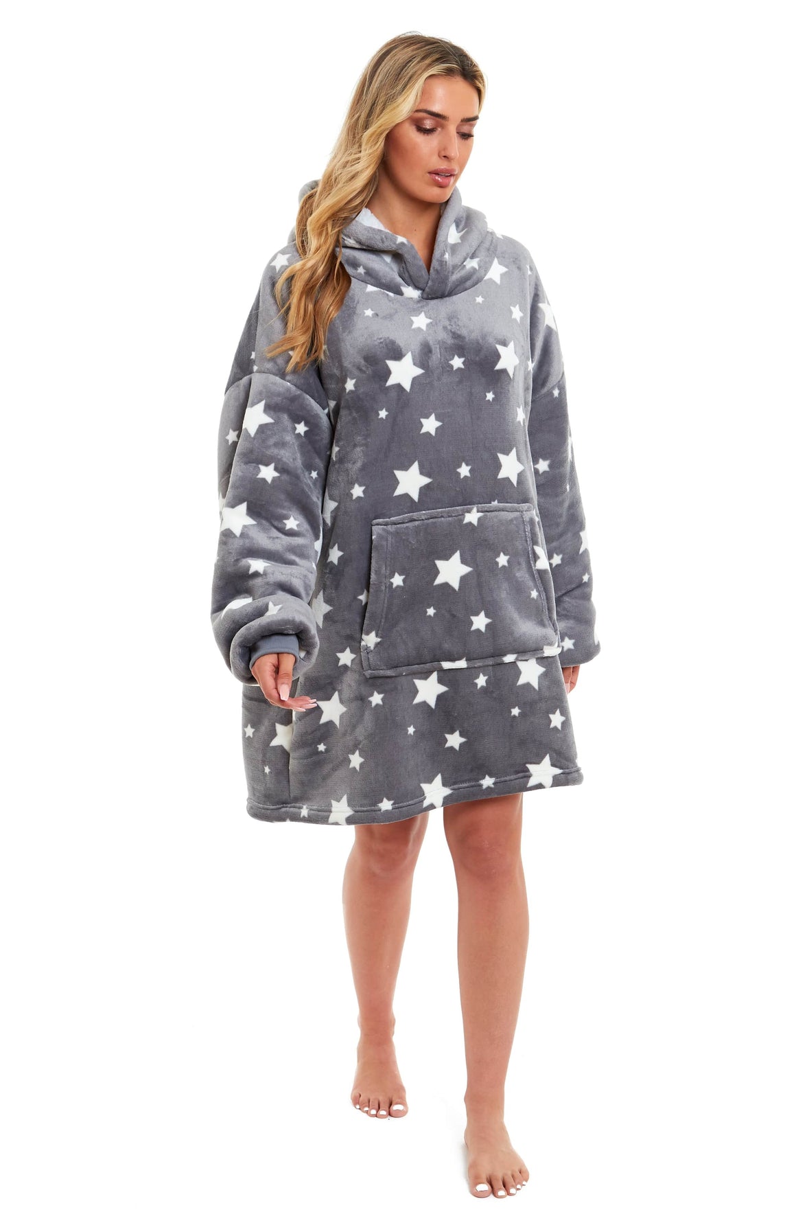 Oversized Hooded Blanket Ultra Soft Reversible Sherpa and Plush Fleece Grey Stars Giant Hoodie Sweatshirt for Adults and Kids by Daisy Dreamer Hooded Blanket