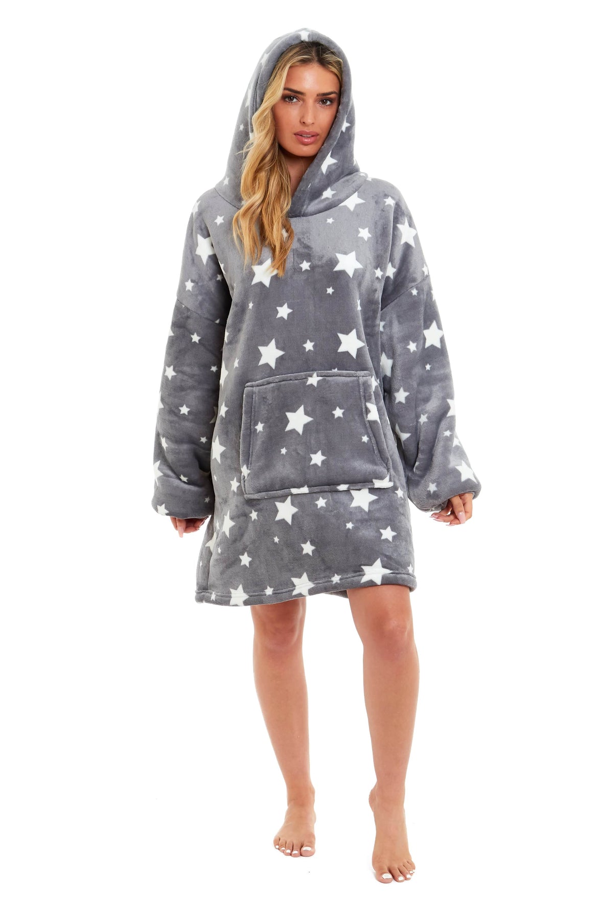 Oversized Hooded Blanket Ultra Soft Reversible Sherpa and Plush Fleece Grey Stars Giant Hoodie Sweatshirt for Adults and Kids by Daisy Dreamer Hooded Blanket