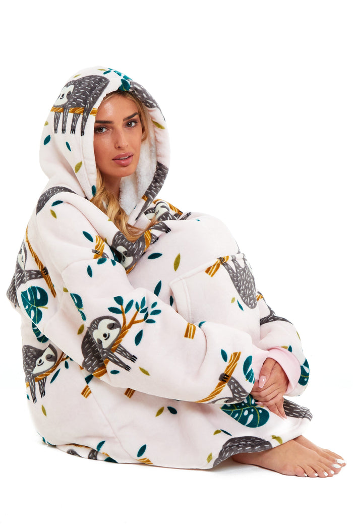 Oversized Sloth Hoodie Blanket with Reversible Sherpa Plush Fleece Giant 6XL for Adults and Kids with Pockets and Elastic Cuffs by Daisy Dreamer Hooded Blanket