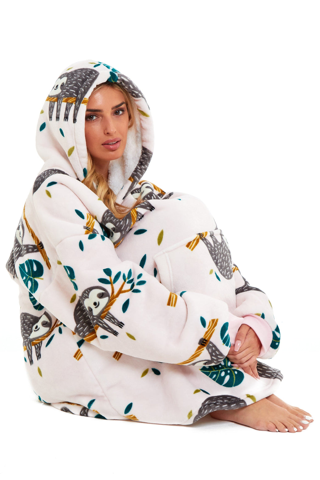 Oversized Sloth Hoodie Blanket with Reversible Sherpa Plush Fleece Giant 6XL for Adults and Kids with Pockets and Elastic Cuffs by Daisy Dreamer Hooded Blanket