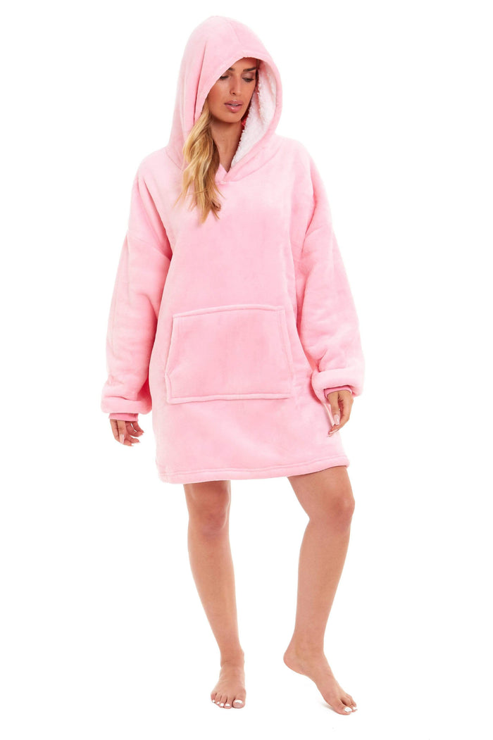 Oversized Reversible Sherpa and Plush Fleece Hooded Blanket Grey and Pink Ultimate Warmth and Comfort Hoodie for Adults and Kids by Daisy Dreamer PINK Hooded Blanket