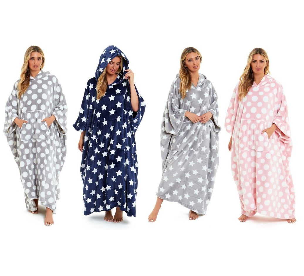 Oversized Hooded Fleece Poncho Blanket with Stars and Polka Dots Plush Wearable Blanket with Front Pocket for Adults Indoor Outdoor by Daisy Dreamer Hooded Blanket