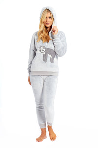 Matching Mother Daughter Plush Fleece Hooded Pyjama Set with Embroidered Sloth Design Ultra-Soft Sherpa-Lined Nightwear for Girls and Women by Daisy Dreamer Pyjamas