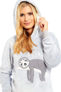 Matching Mother Daughter Plush Fleece Hooded Pyjama Set with Embroidered Sloth Design Ultra-Soft Sherpa-Lined Nightwear for Girls and Women by Daisy Dreamer Pyjamas