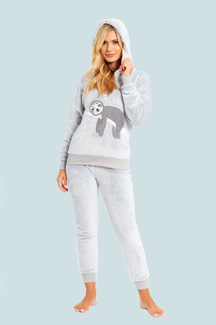Matching Mother Daughter Plush Fleece Hooded Pyjama Set with Embroidered Sloth Design Ultra-Soft Sherpa-Lined Nightwear for Girls and Women by Daisy Dreamer SMALL | UK 8-10 Pyjamas