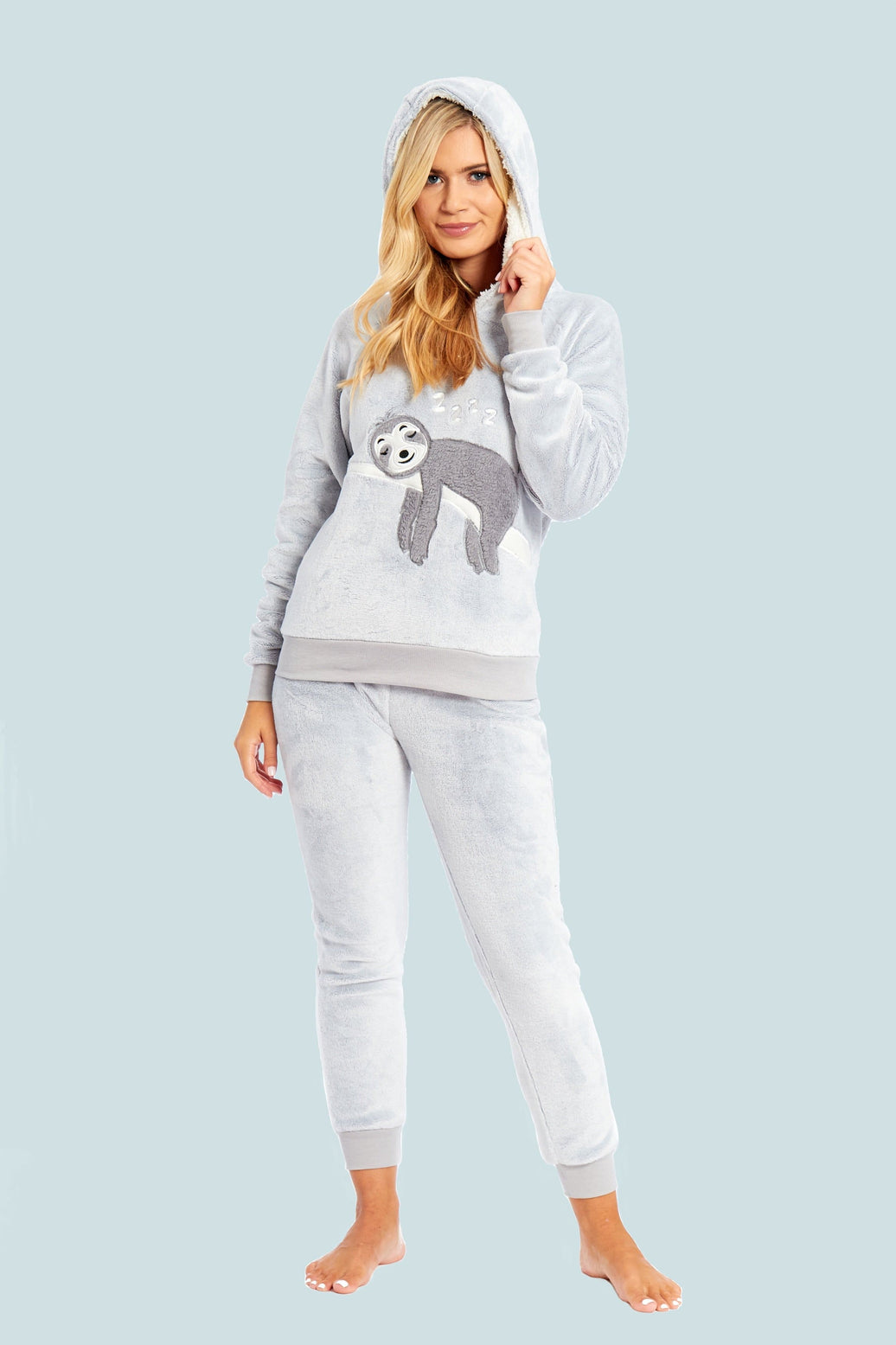 Matching Mother Daughter Plush Fleece Hooded Pyjama Set with Embroidered Sloth Design Ultra-Soft Sherpa-Lined Nightwear for Girls and Women by Daisy Dreamer SMALL | UK 8-10 Pyjamas