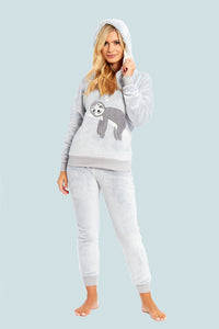 Matching Mother Daughter Plush Fleece Hooded Pyjama Set with Embroidered Sloth Design Ultra-Soft Sherpa-Lined Nightwear for Girls and Women by Daisy Dreamer SMALL | UK 8-10 Pyjamas
