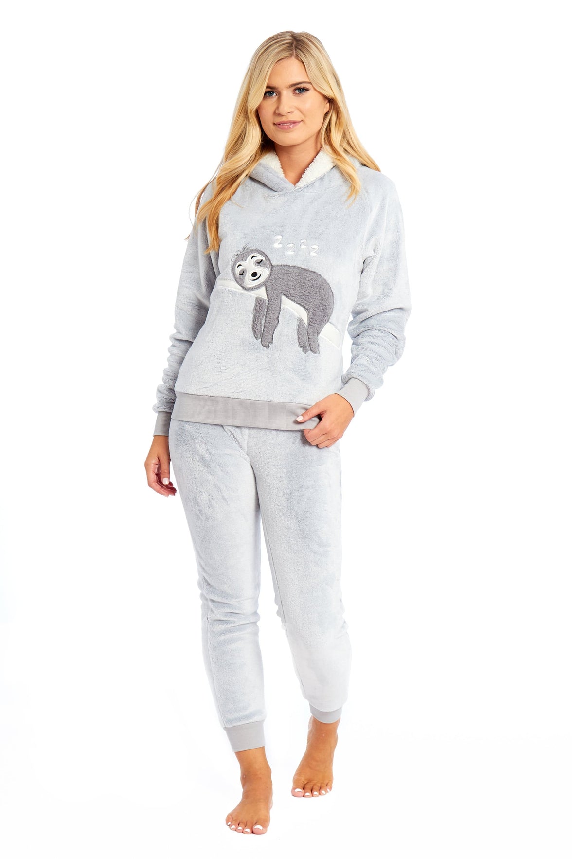 Matching Mother Daughter Plush Fleece Hooded Pyjama Set with Embroidered Sloth Design Ultra-Soft Sherpa-Lined Nightwear for Girls and Women by Daisy Dreamer Pyjamas