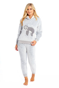 Matching Mother Daughter Plush Fleece Hooded Pyjama Set with Embroidered Sloth Design Ultra-Soft Sherpa-Lined Nightwear for Girls and Women by Daisy Dreamer Pyjamas