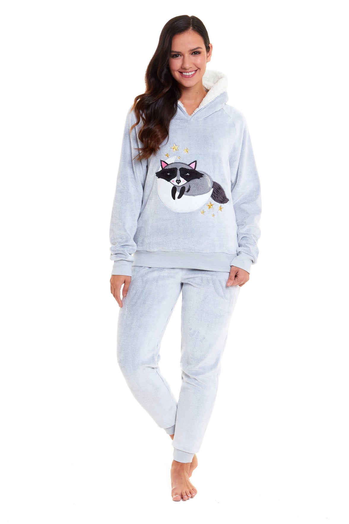 Matching Mother Daughter Raccoon Fleece Hooded Pyjama Set with Sherpa Lining and Embroidered Design for Family Bonding by Daisy Dreamer Pyjamas