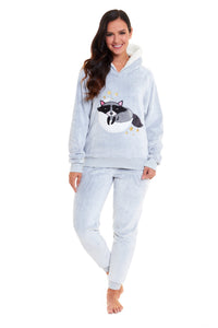Matching Mother Daughter Raccoon Fleece Hooded Pyjama Set with Sherpa Lining and Embroidered Design for Family Bonding by Daisy Dreamer Pyjamas