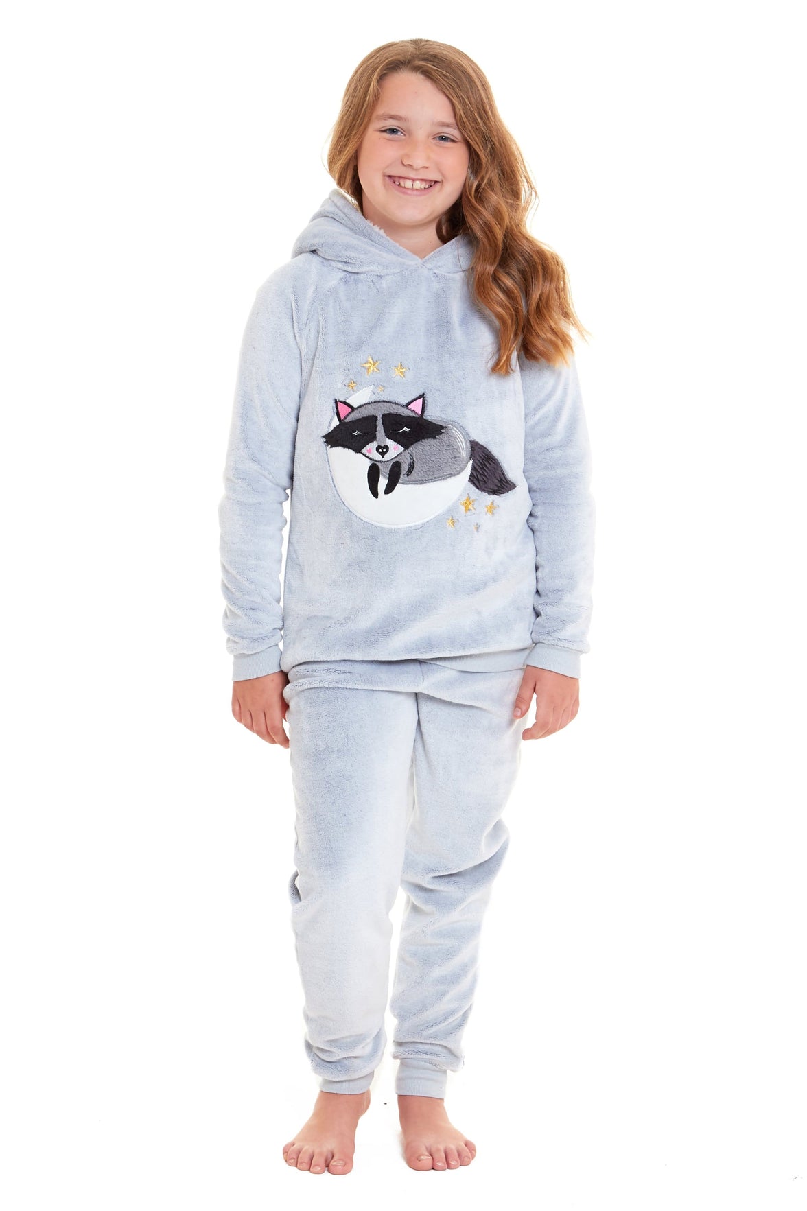 Matching Mother Daughter Raccoon Fleece Hooded Pyjama Set with Sherpa Lining and Embroidered Design for Family Bonding by Daisy Dreamer Pyjamas