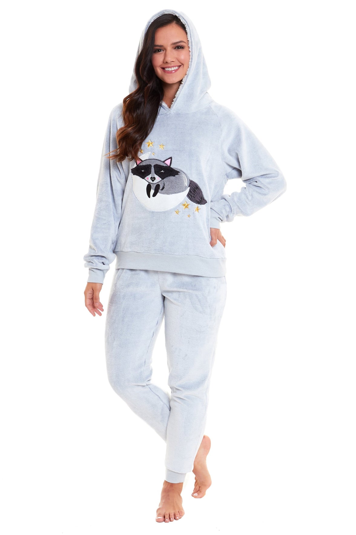 Matching Mother Daughter Raccoon Fleece Hooded Pyjama Set with Sherpa Lining and Embroidered Design for Family Bonding by Daisy Dreamer Pyjamas
