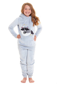 Matching Mother Daughter Raccoon Fleece Hooded Pyjama Set with Sherpa Lining and Embroidered Design for Family Bonding by Daisy Dreamer Pyjamas
