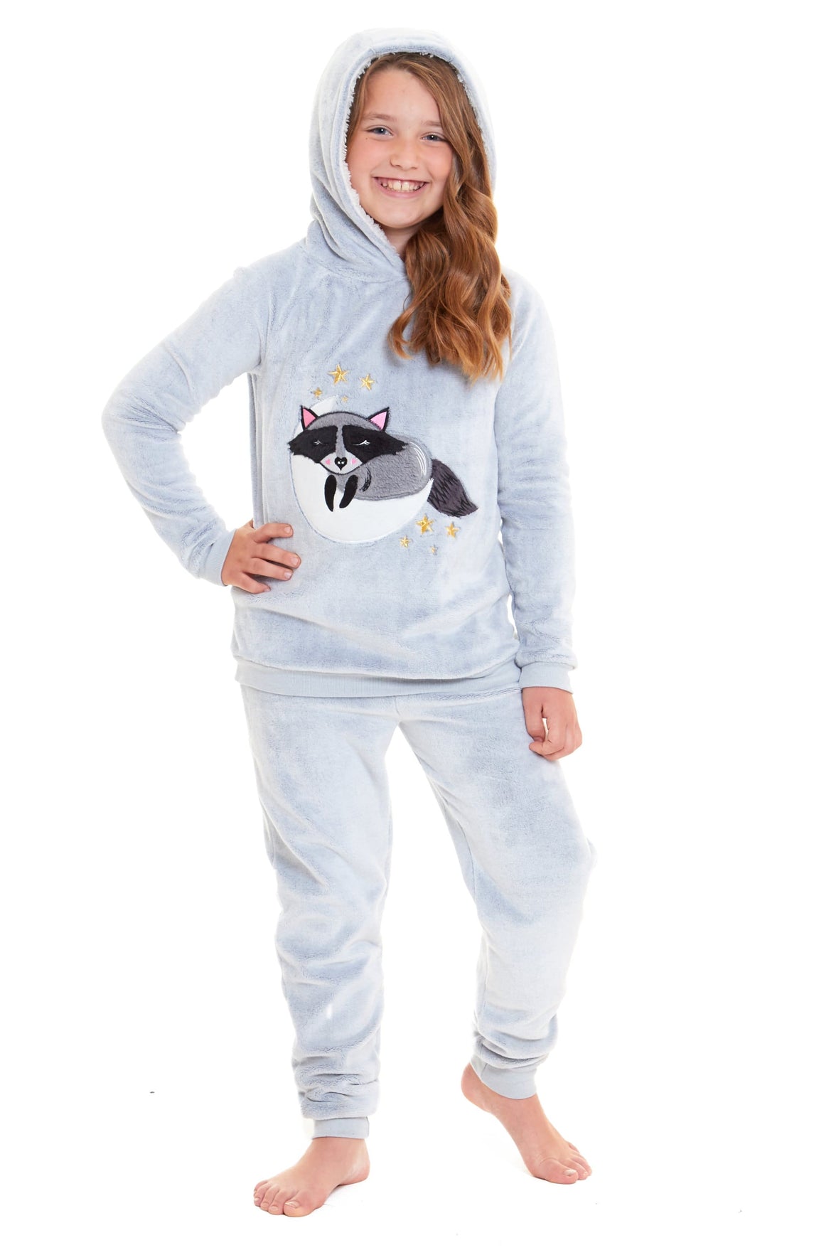 Matching Mother Daughter Raccoon Fleece Hooded Pyjama Set with Sherpa Lining and Embroidered Design for Family Bonding by Daisy Dreamer Pyjamas