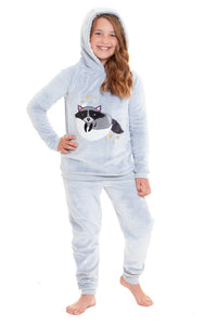 Matching Mother Daughter Raccoon Fleece Hooded Pyjama Set with Sherpa Lining and Embroidered Design for Family Bonding by Daisy Dreamer Pyjamas