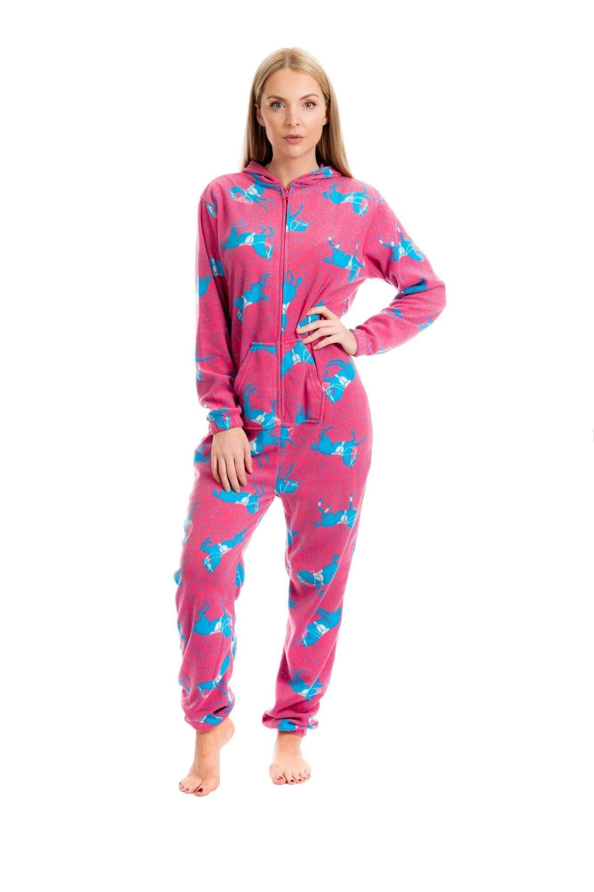 Women's Pink Fleece Hooded Onezee Pyjama Set with Horse Print Cosy and Stylish Nightwear for Lounging or Sleeping by Daisy Dreamer Pyjamas