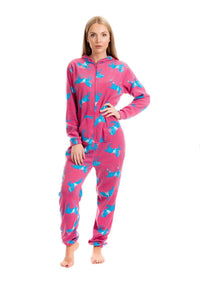 Women's Pink Fleece Hooded Onezee Pyjama Set with Horse Print Cosy and Stylish Nightwear for Lounging or Sleeping by Daisy Dreamer Pyjamas