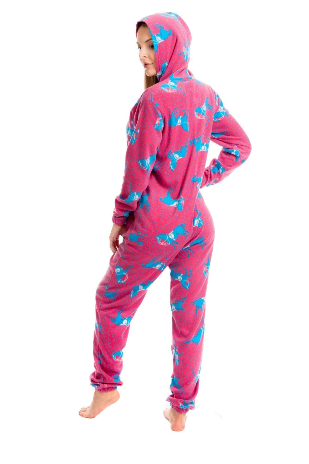 Women's Pink Fleece Hooded Onezee Pyjama Set with Horse Print Cosy and Stylish Nightwear for Lounging or Sleeping by Daisy Dreamer Pyjamas