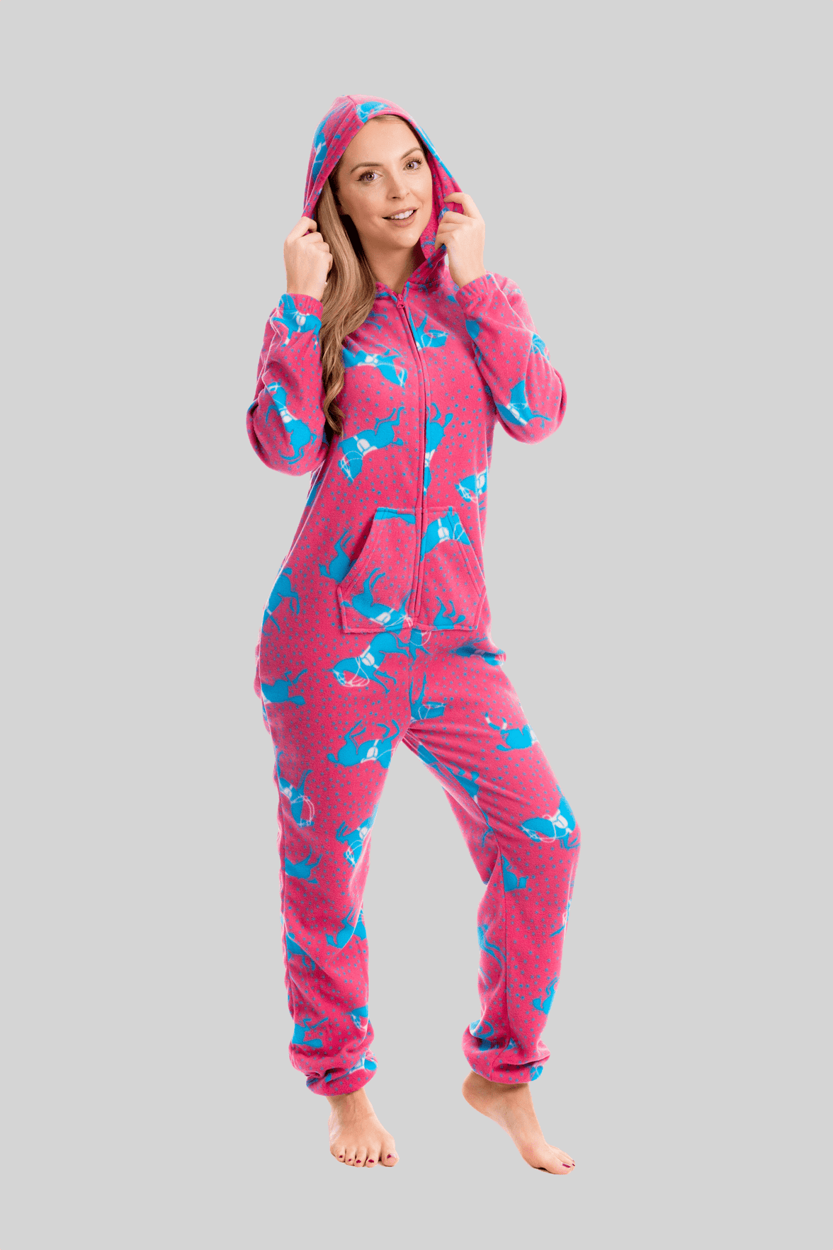 Women's Pink Fleece Hooded Onezee Pyjama Set with Horse Print Cosy and Stylish Nightwear for Lounging or Sleeping by Daisy Dreamer SMALL | UK 10-12 Pyjamas