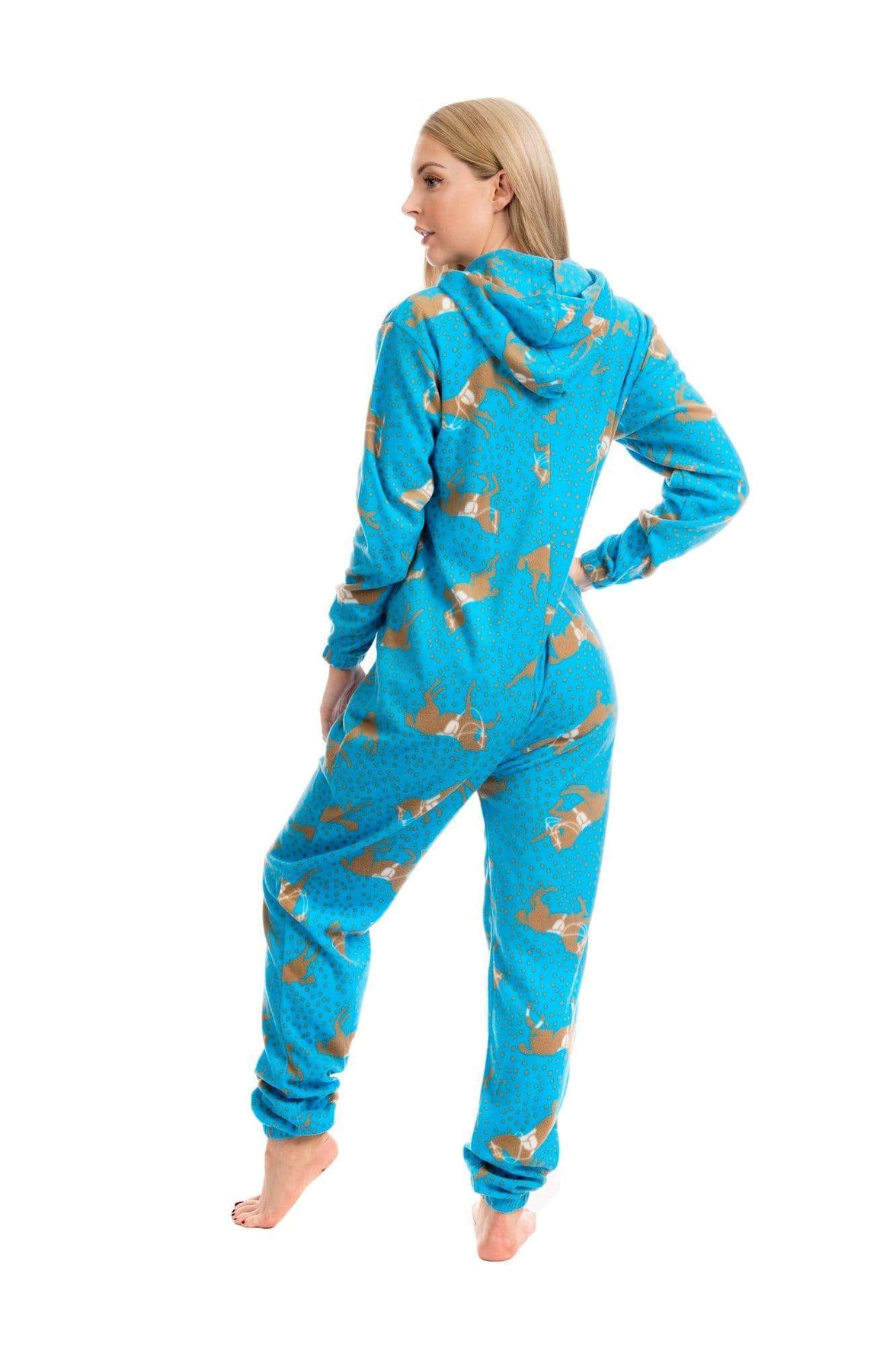 Women's Blue Horse Print Hooded Fleece Onezee Pyjama Set, Warm and Comfortable Nightwear, UK Sizes 10-20 by Daisy Dreamer Pyjamas
