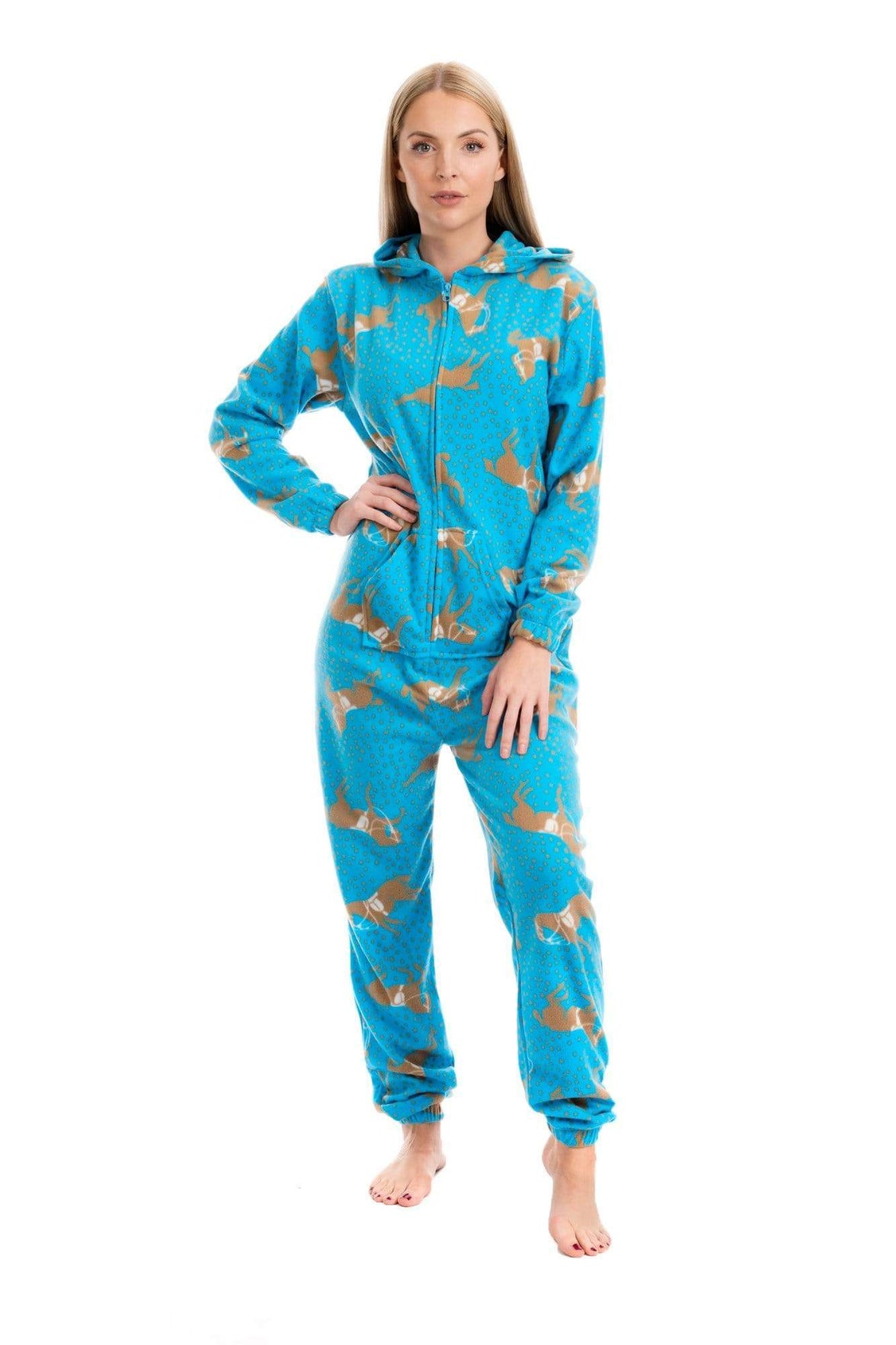 Women's Blue Horse Print Hooded Fleece Onezee Pyjama Set, Warm and Comfortable Nightwear, UK Sizes 10-20 by Daisy Dreamer Pyjamas