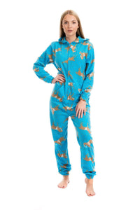 Women's Blue Horse Print Hooded Fleece Onezee Pyjama Set, Warm and Comfortable Nightwear, UK Sizes 10-20 by Daisy Dreamer Pyjamas