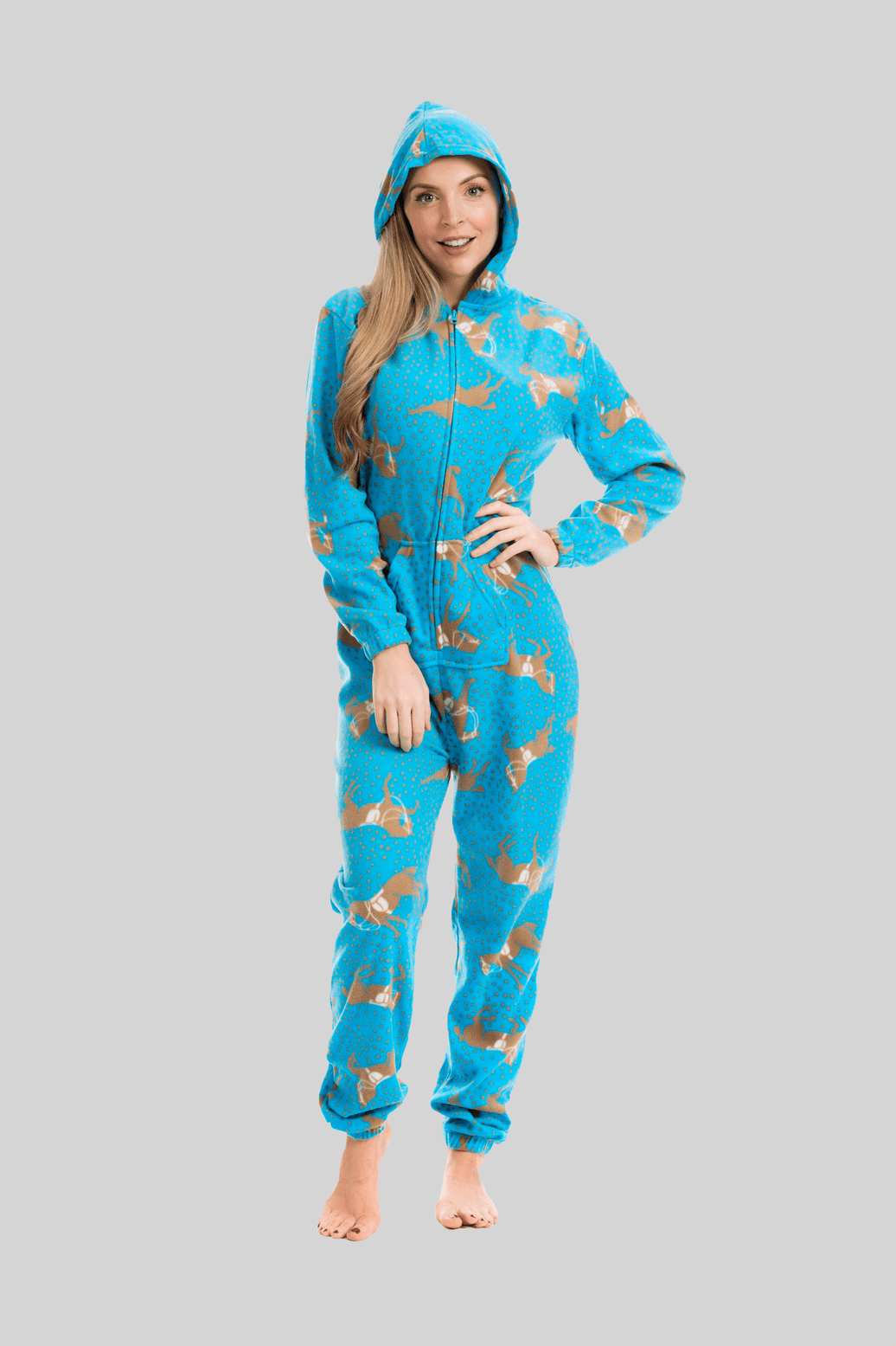 Women's Blue Horse Print Hooded Fleece Onezee Pyjama Set, Warm and Comfortable Nightwear, UK Sizes 10-20 by Daisy Dreamer SMALL | UK 10-12 Pyjamas