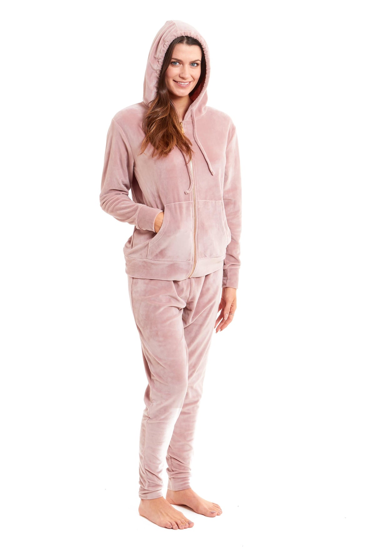 Women's Hooded Velour Lounge Set with Zipped Top and Elasticated Waistband Comfortable Stretchable Nightwear UK Sizes 8-22 by Daisy Dreamer SMALL | UK 8-10 / DUSKY PINK Pyjamas