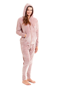 Women's Hooded Velour Lounge Set with Zipped Top and Elasticated Waistband Comfortable Stretchable Nightwear UK Sizes 8-22 by Daisy Dreamer SMALL | UK 8-10 / DUSKY PINK Pyjamas