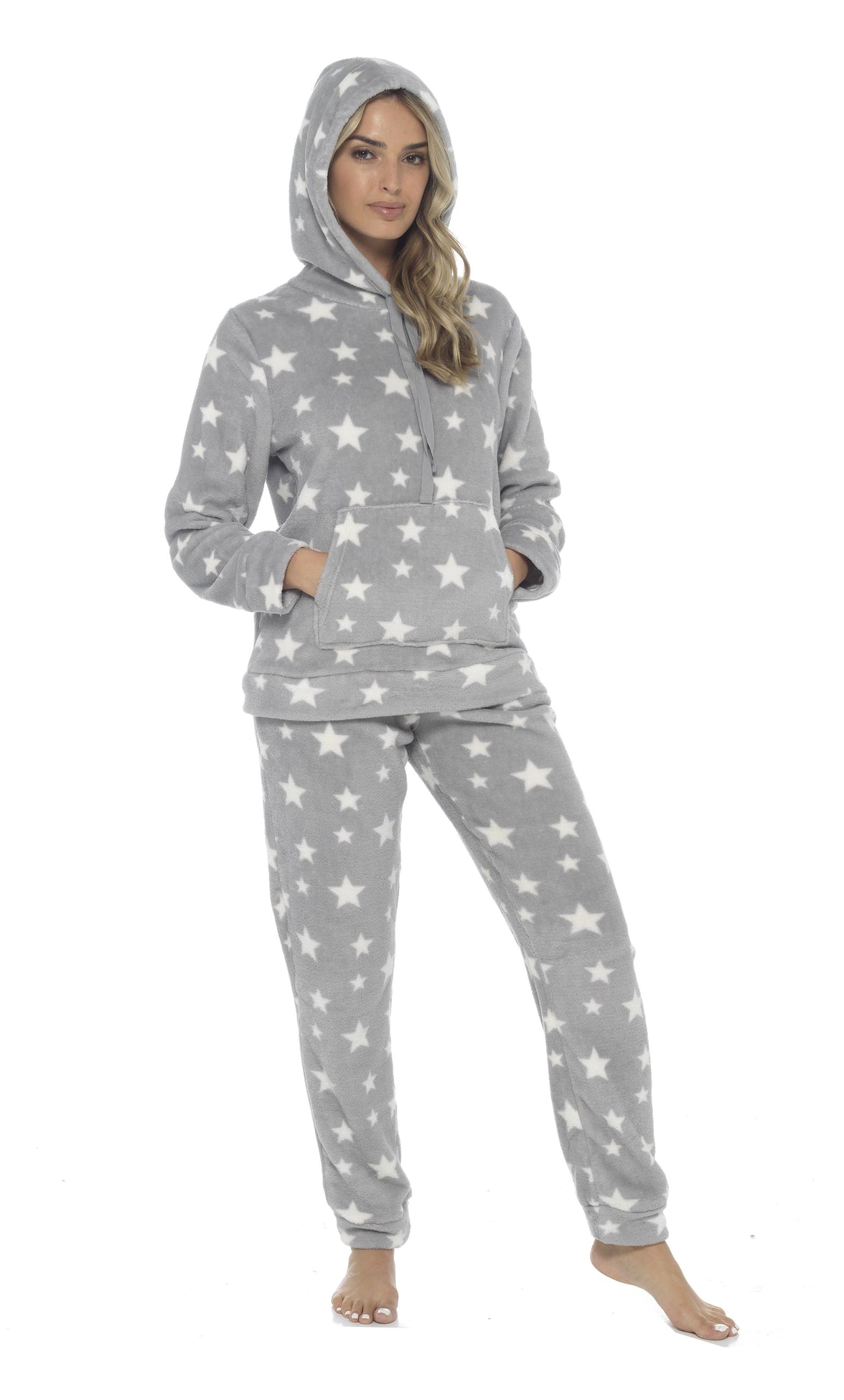 Women's Plush Fleece Hooded Pyjama Set Stars Design Soft Teddy Fabric Cosy Nightwear Loungewear Warm Comfortable Multiple Sizes by Daisy Dreamer SMALL | UK 8-10 / GREY Pyjamas