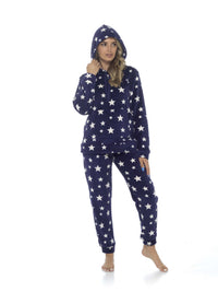 Women's Plush Fleece Hooded Pyjama Set Stars Design Soft Teddy Fabric Cosy Nightwear Loungewear Warm Comfortable Multiple Sizes by Daisy Dreamer SMALL | UK 8-10 / NAVY Pyjamas