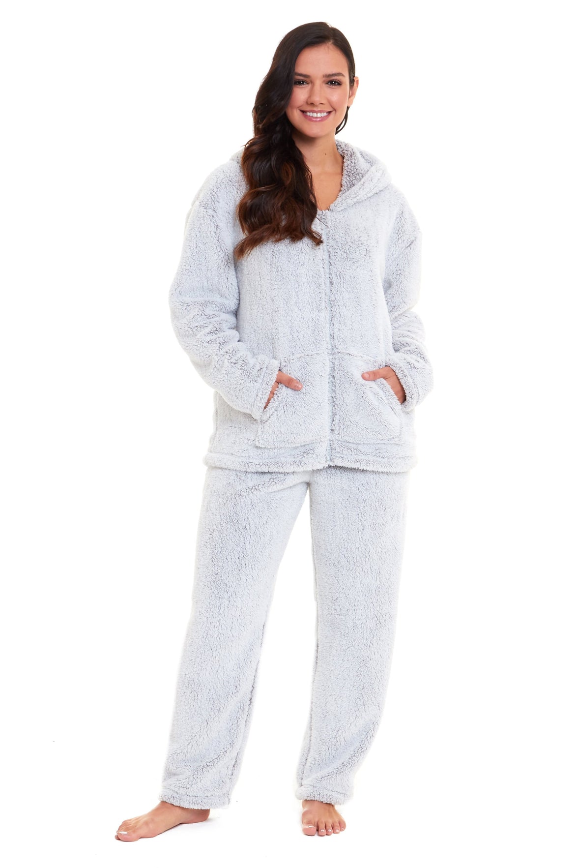 Soft Grey Plush Fleece Hooded Pyjama Set with Zipped Front for Winter Loungewear Ultra-Warm Teddy Fabric Sleepwear Multiple Sizes by Daisy Dreamer Pyjamas