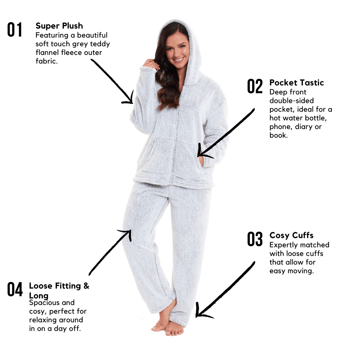 Soft Grey Plush Fleece Hooded Pyjama Set with Zipped Front for Winter Loungewear Ultra-Warm Teddy Fabric Sleepwear Multiple Sizes by Daisy Dreamer Pyjamas