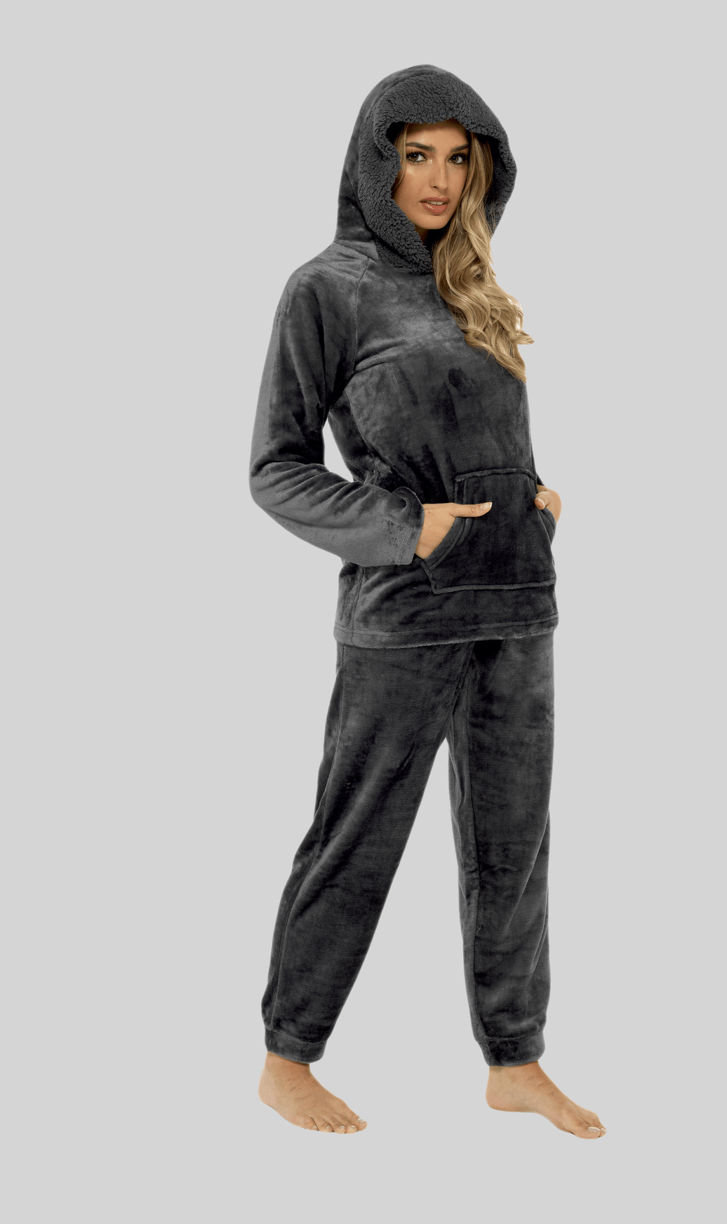 Women's Charcoal Plush Fleece Hooded Pyjama Set with Sherpa Lining Soft Flannel Loungewear Warm Cosy Nightwear Sizes S to XL by Daisy Dreamer SMALL | UK 8-10 Pyjamas