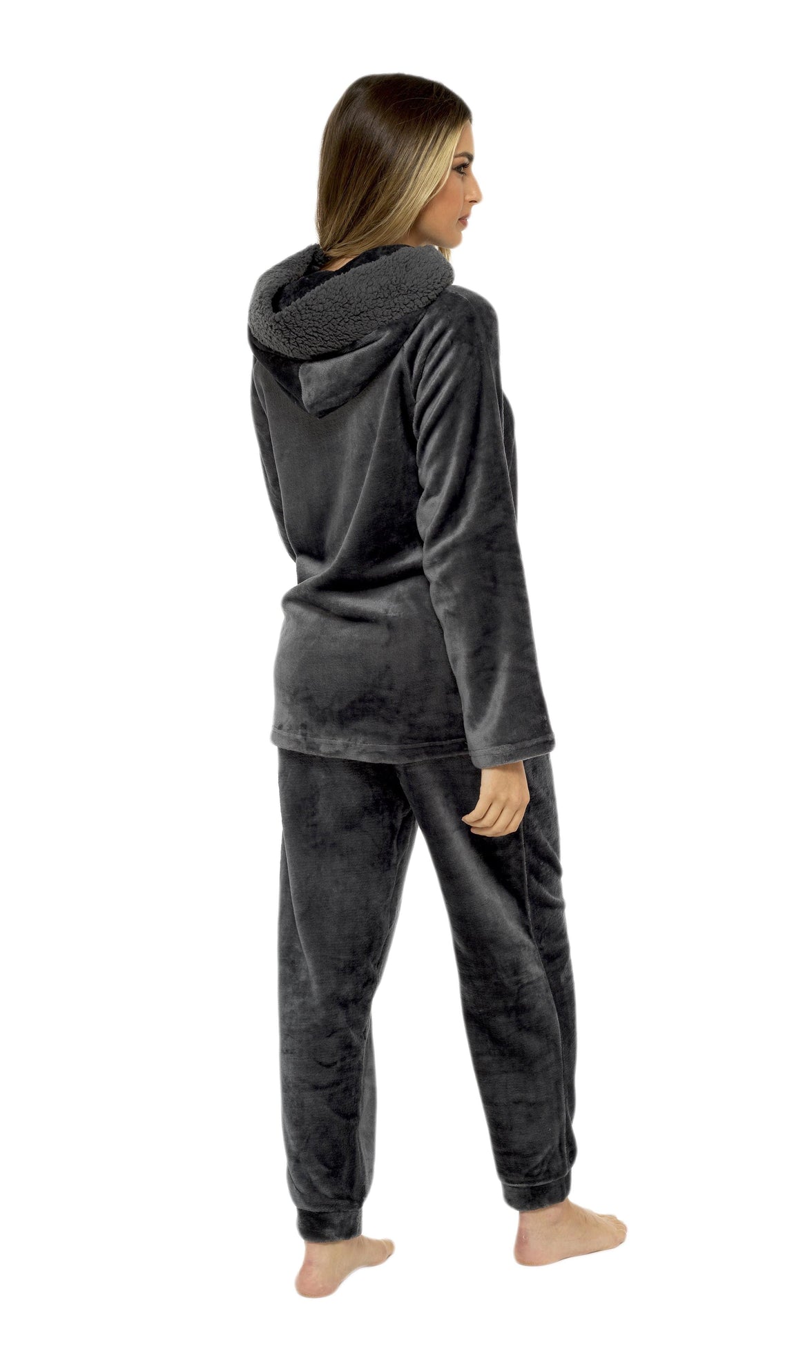 Women's Charcoal Plush Fleece Hooded Pyjama Set with Sherpa Lining Soft Flannel Loungewear Warm Cosy Nightwear Sizes S to XL by Daisy Dreamer Pyjamas