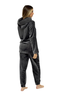 Women's Charcoal Plush Fleece Hooded Pyjama Set with Sherpa Lining Soft Flannel Loungewear Warm Cosy Nightwear Sizes S to XL by Daisy Dreamer Pyjamas