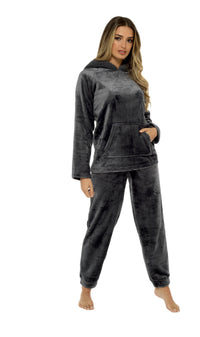 Women's Charcoal Plush Fleece Hooded Pyjama Set with Sherpa Lining Soft Flannel Loungewear Warm Cosy Nightwear Sizes S to XL by Daisy Dreamer Pyjamas