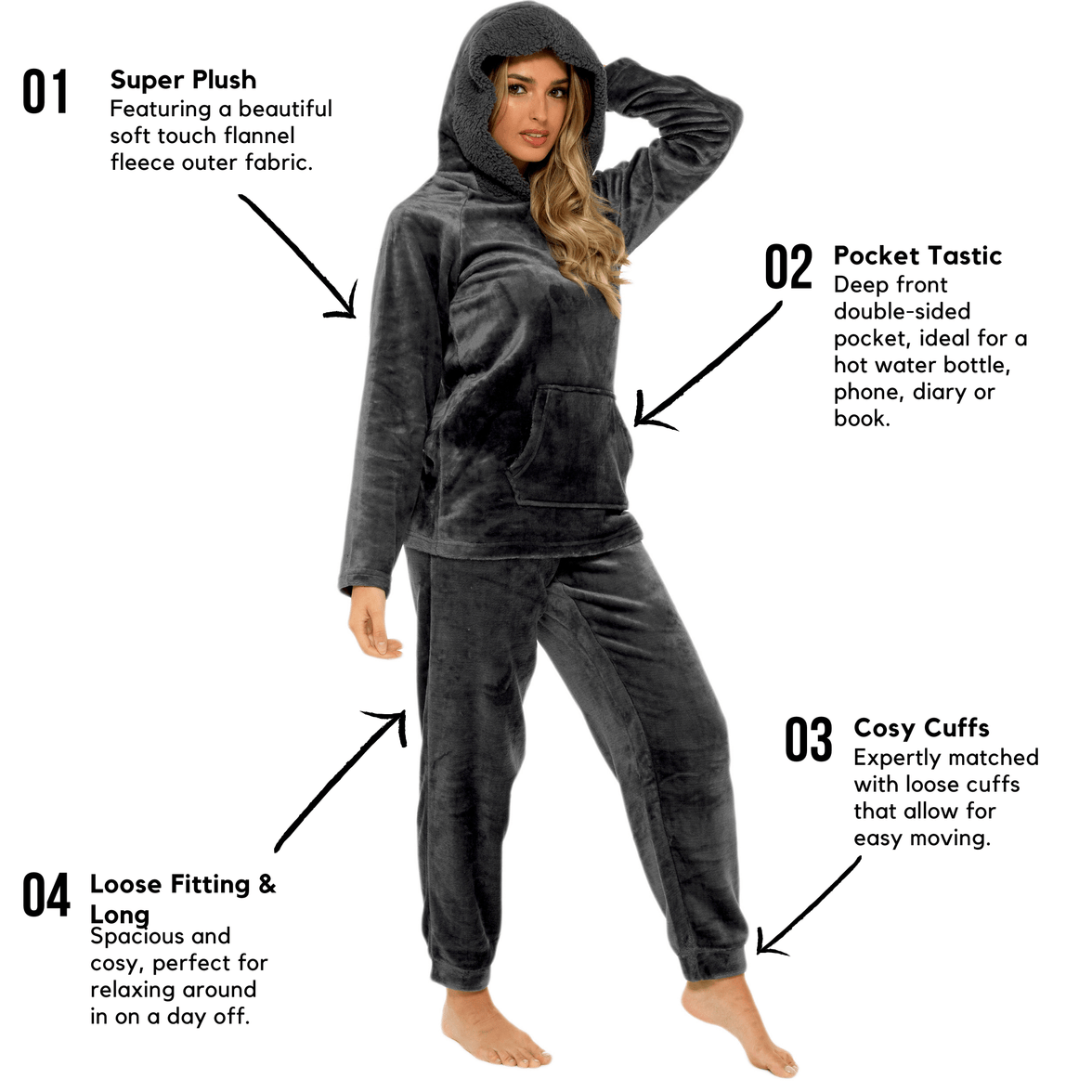 Women's Charcoal Plush Fleece Hooded Pyjama Set with Sherpa Lining Soft Flannel Loungewear Warm Cosy Nightwear Sizes S to XL by Daisy Dreamer Pyjamas