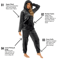 Women's Charcoal Plush Fleece Hooded Pyjama Set with Sherpa Lining Soft Flannel Loungewear Warm Cosy Nightwear Sizes S to XL by Daisy Dreamer Pyjamas