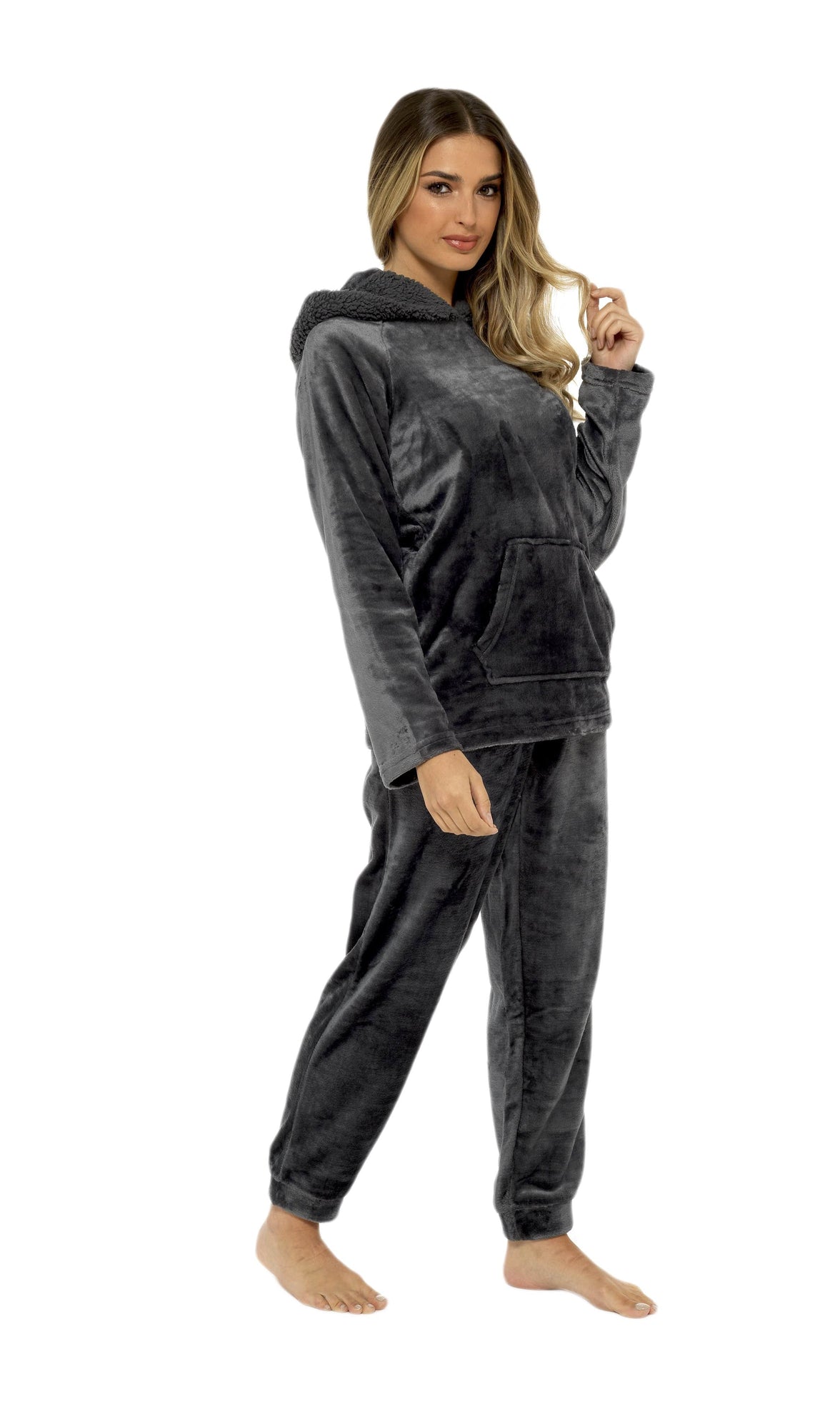 Women's Charcoal Plush Fleece Hooded Pyjama Set with Sherpa Lining Soft Flannel Loungewear Warm Cosy Nightwear Sizes S to XL by Daisy Dreamer Pyjamas