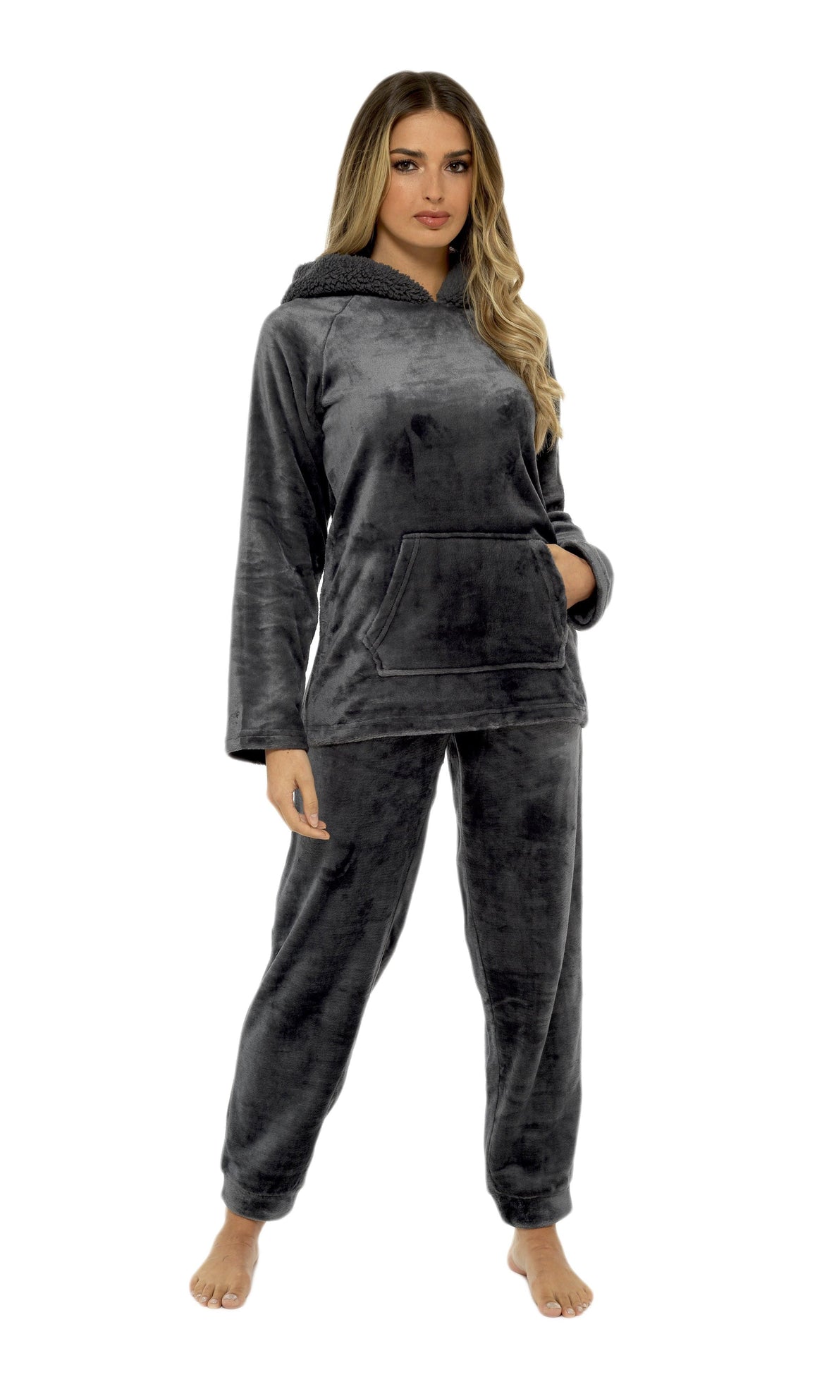 Women's Charcoal Plush Fleece Hooded Pyjama Set with Sherpa Lining Soft Flannel Loungewear Warm Cosy Nightwear Sizes S to XL by Daisy Dreamer Pyjamas