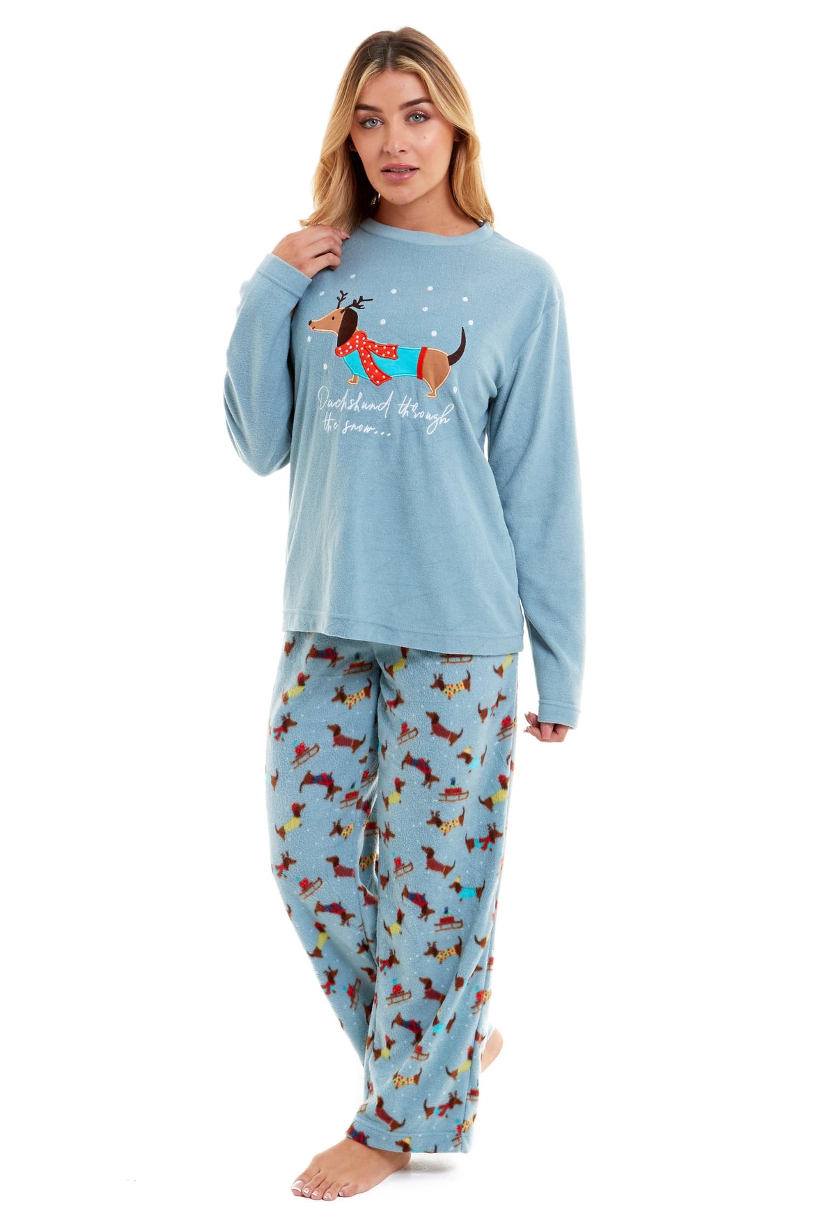 Women's Cosy Dachshund Polar Fleece Pyjama Set Soft Warm Winter Lounge Sleepwear Perfect Christmas Gift Sizes Small to X Large by Daisy Dreamer Pyjamas