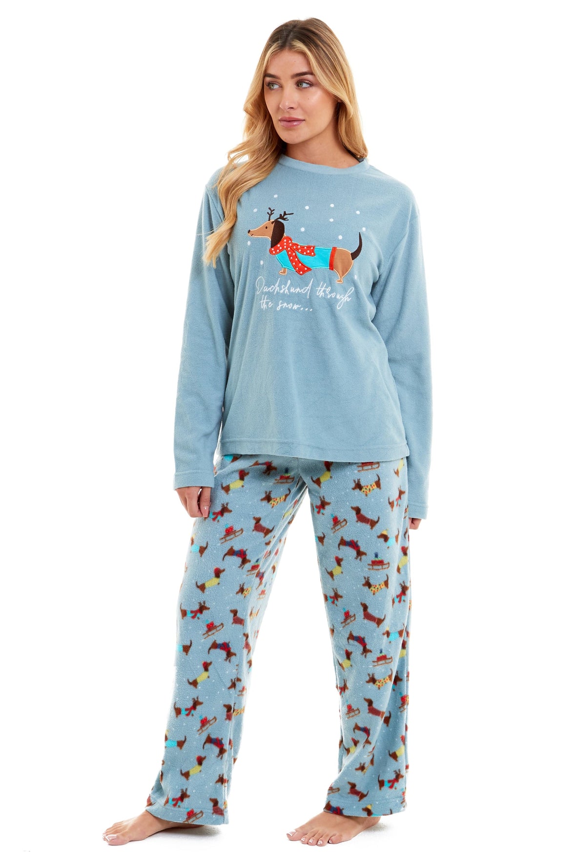 Women's Cosy Dachshund Polar Fleece Pyjama Set Soft Warm Winter Lounge Sleepwear Perfect Christmas Gift Sizes Small to X Large by Daisy Dreamer Pyjamas