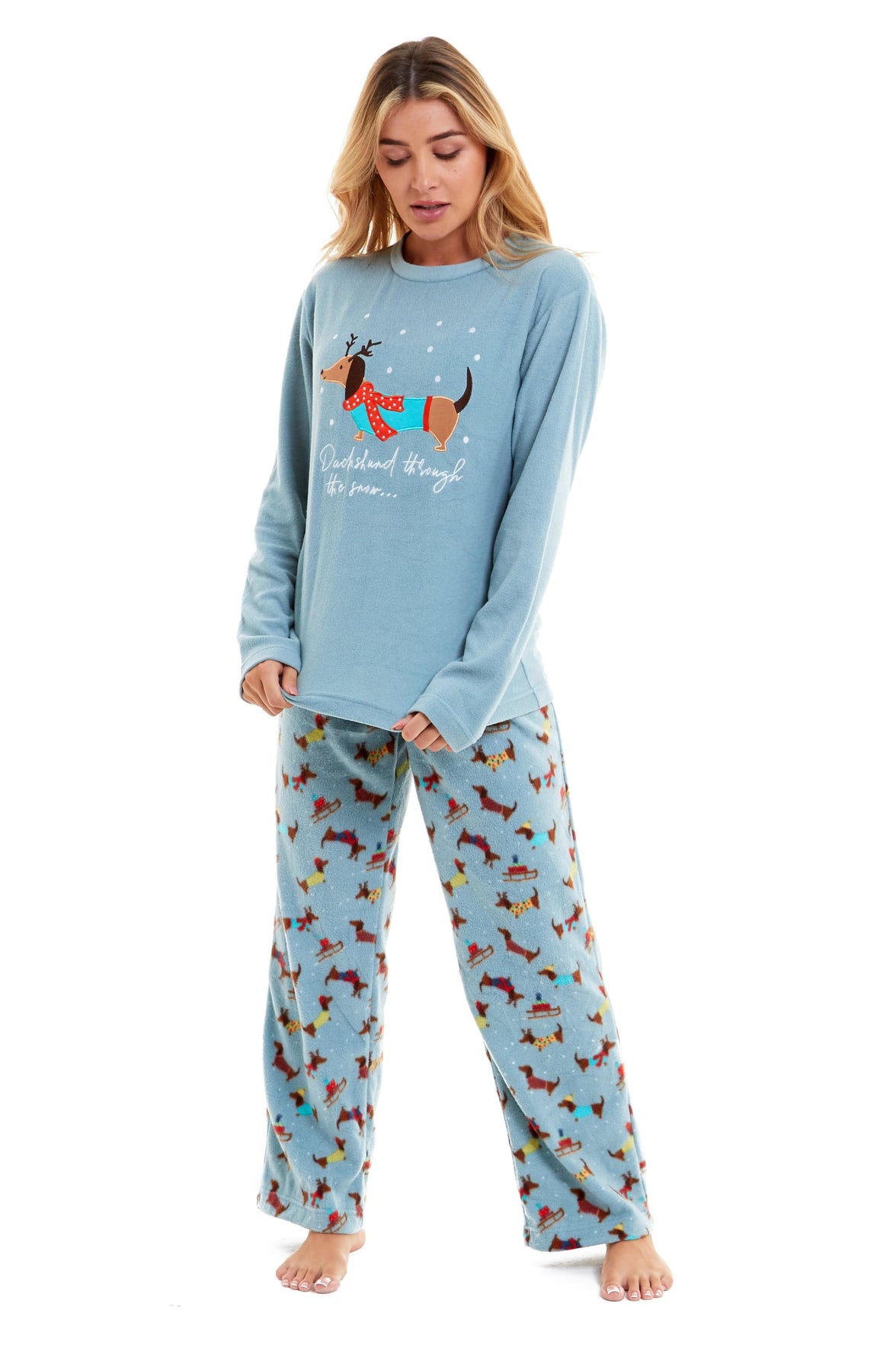 Women's Cosy Dachshund Polar Fleece Pyjama Set Soft Warm Winter Lounge Sleepwear Perfect Christmas Gift Sizes Small to X Large by Daisy Dreamer Pyjamas