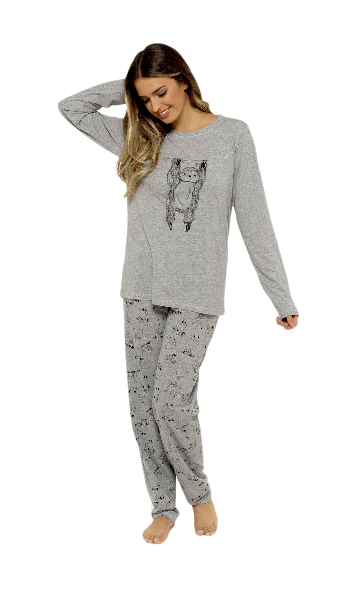 Women's Grey Cotton Pyjama Set with Lazy Sloth Design Long Sleeve Comfortable Sleepwear Cute Nightwear Ideal Gift for Her by Daisy Dreamer Pyjamas