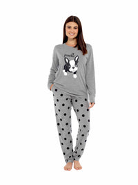 Women's Grey Cotton Pyjama Set with Polka Dot Pants and Frenchie Pugs Print, Long Sleeve Top, Comfortable Loungewear, Soft Breathable Fabric, Hypoallergenic, Stylish Sleepwear by Daisy Dreamer Pyjamas