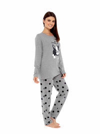 Women's Grey Cotton Pyjama Set with Polka Dot Pants and Frenchie Pugs Print, Long Sleeve Top, Comfortable Loungewear, Soft Breathable Fabric, Hypoallergenic, Stylish Sleepwear by Daisy Dreamer Pyjamas
